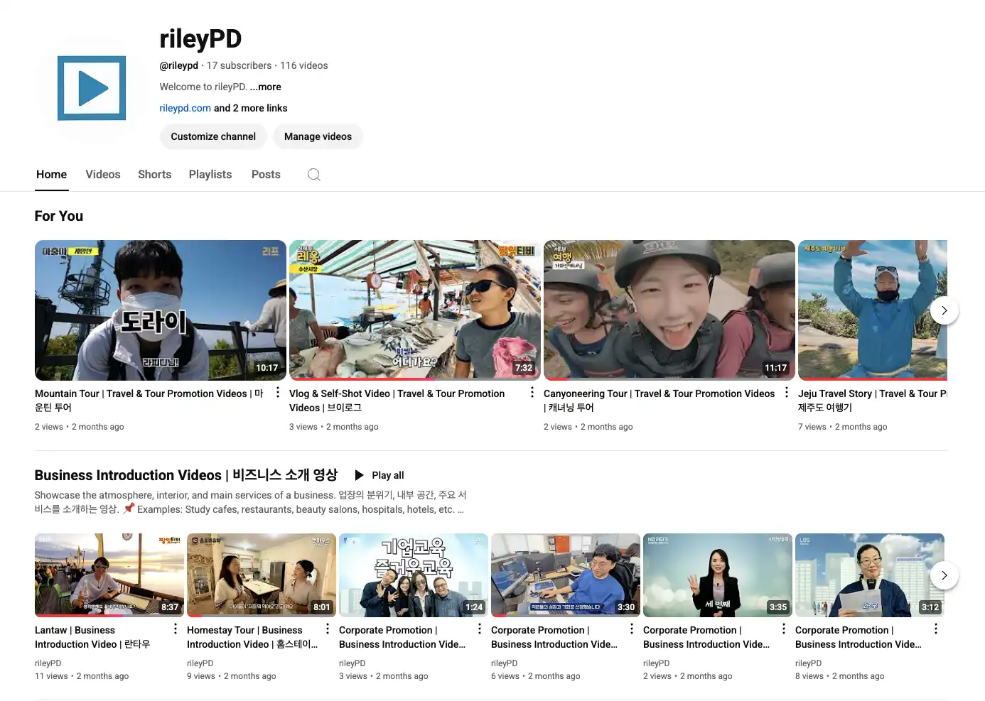Screenshot of rileyPD YouTube channel showcasing video production portfolio including tours and business introduction videos